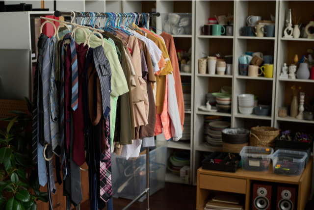 Organised clothes with shelf of books